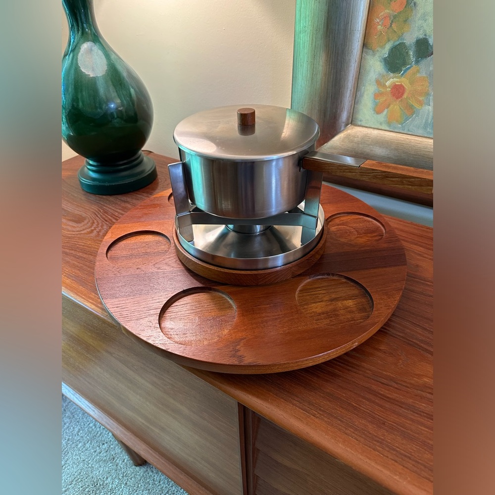 Read STELTON Denmark Fondue Set MCM Mid Century Modern Teak Lazy Susan Stainless